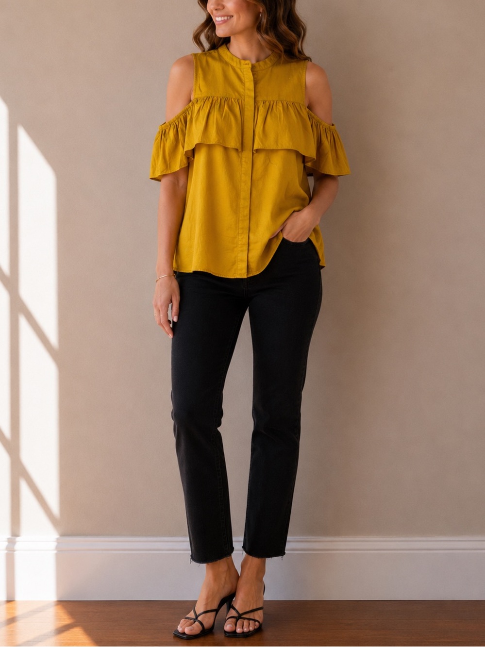 Mustard Boho Blouse Open Shoulder Ruffle Button Up Top NWT Size M Lucky Brand